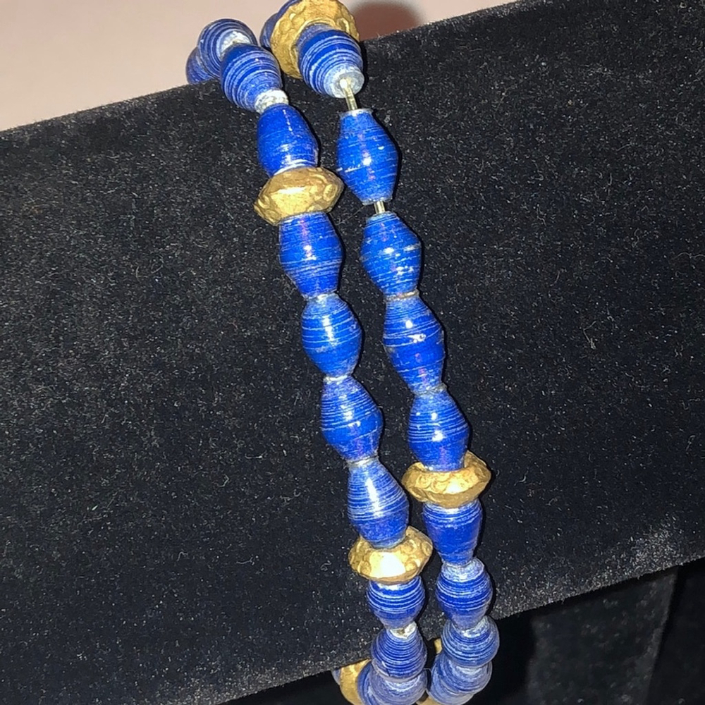 Blue and Gold Tone Paper Beaded Boho Stretchy Bracelets